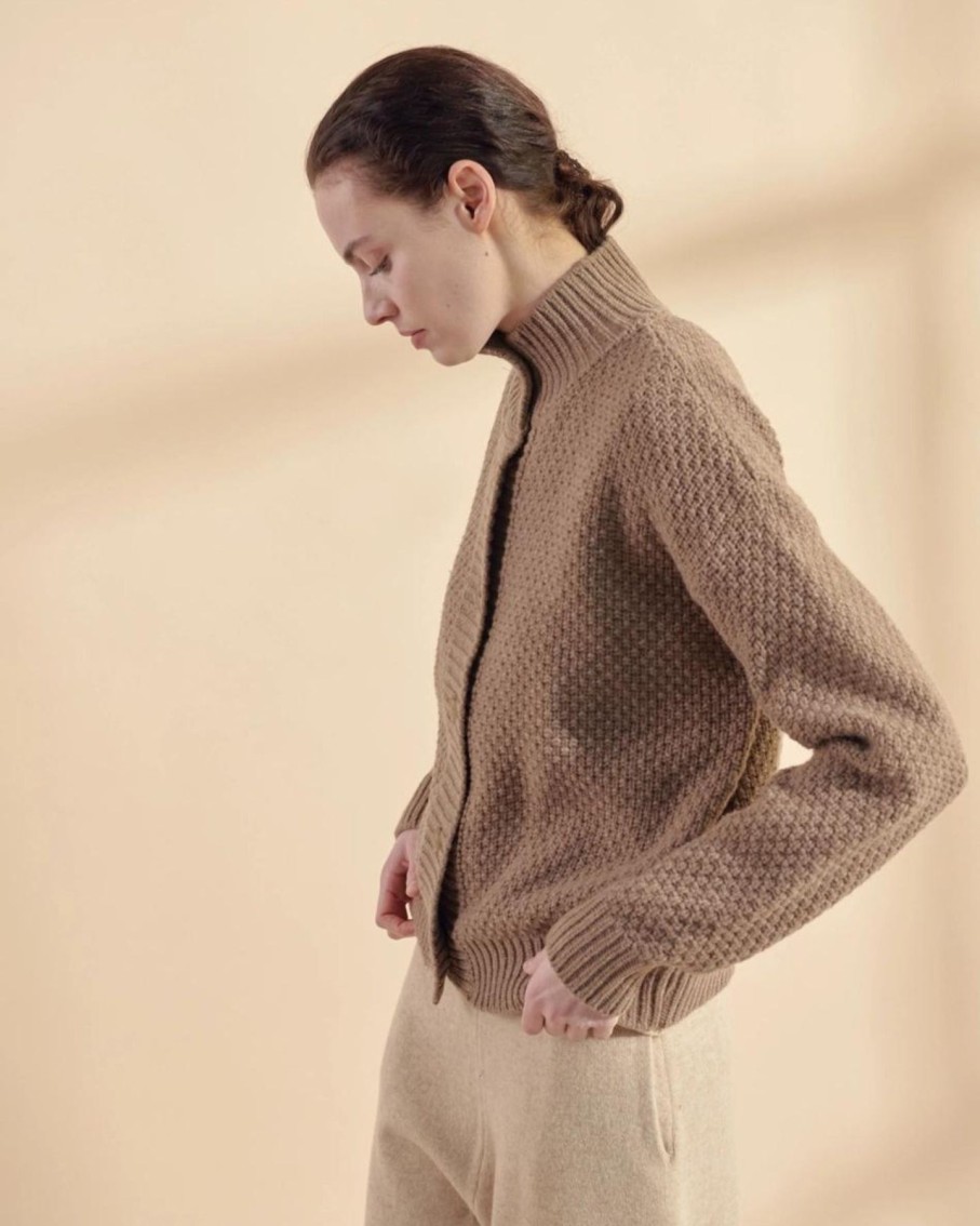 Women Amente Sweaters | Amente Wool High Neck Sweater Cardigan Brown