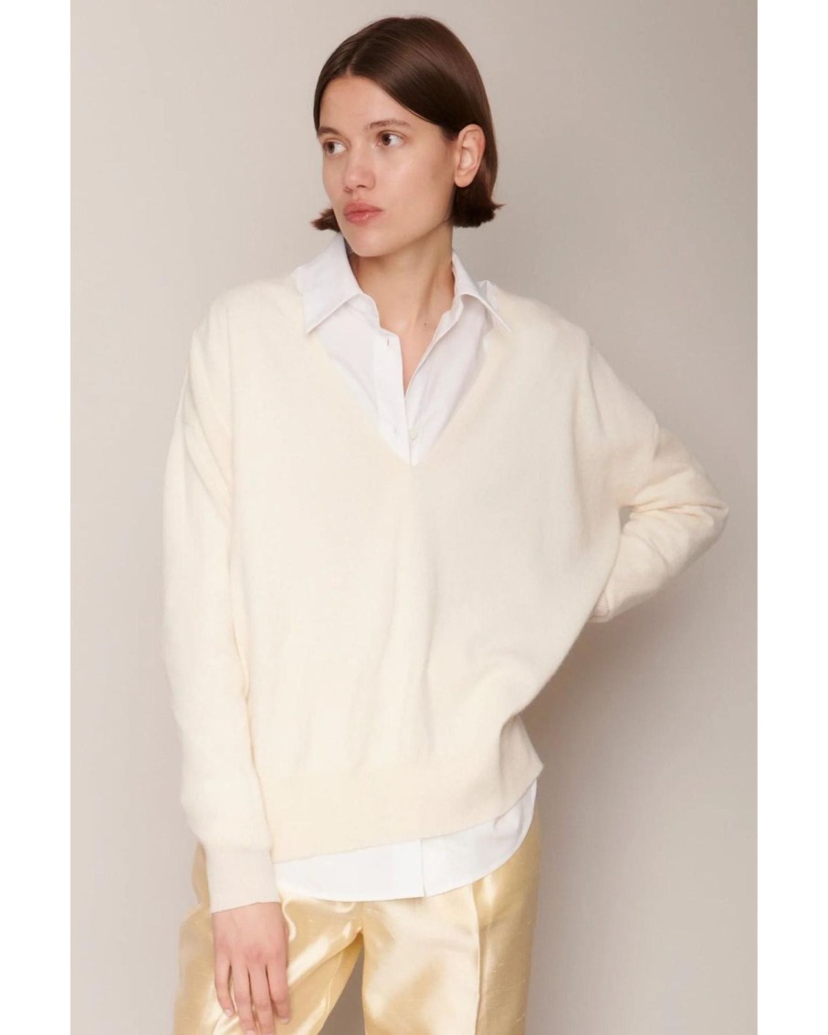 Women Organic by John Patrick Sweaters | Organic By John Patrick Ada V Neck 100% Undyed Cashmere Paper White