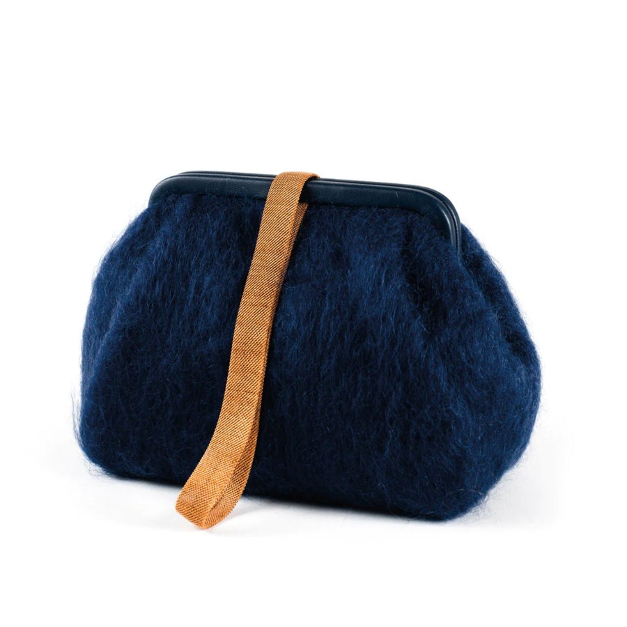 Women Marian Paquette Bags | Marian Paquette Susan Mohair Clutch With Vintage Chain Navy Blue