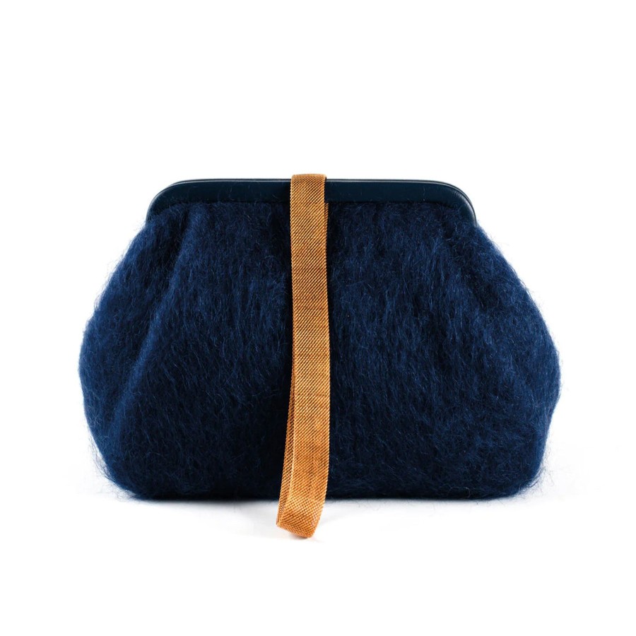 Women Marian Paquette Bags | Marian Paquette Susan Mohair Clutch With Vintage Chain Navy Blue