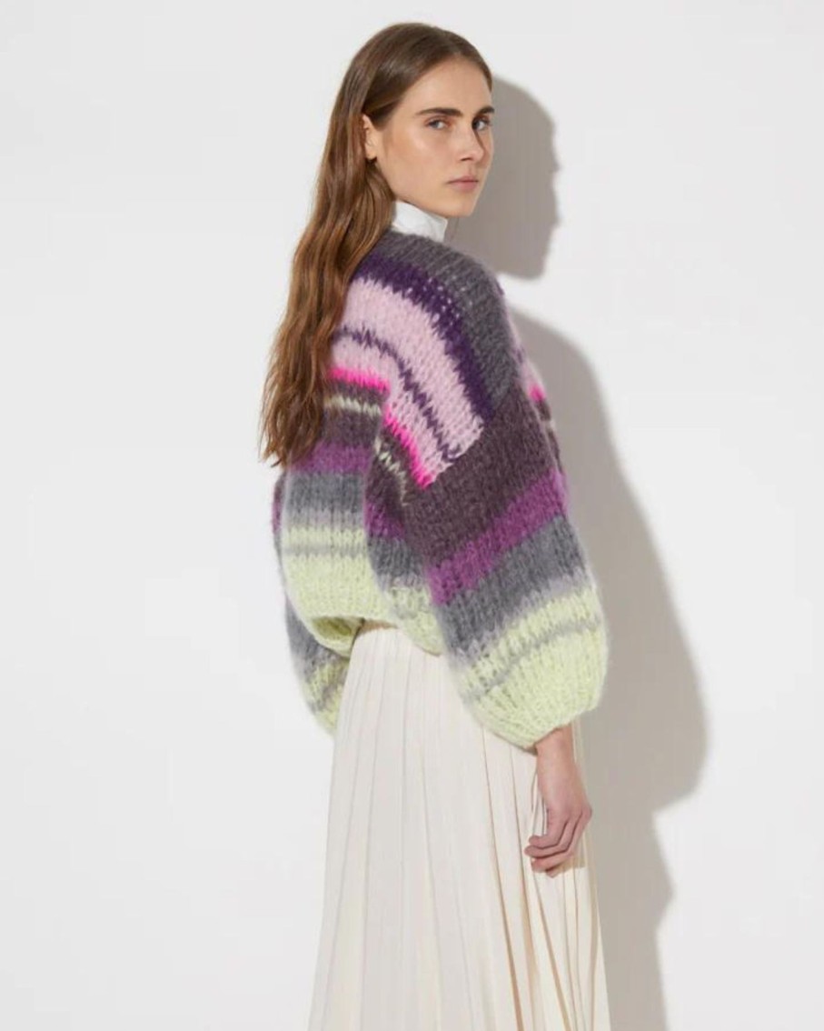 Women Maiami Sweaters | Maiami Mohair Bomber Cardigan Striped Soft Berry