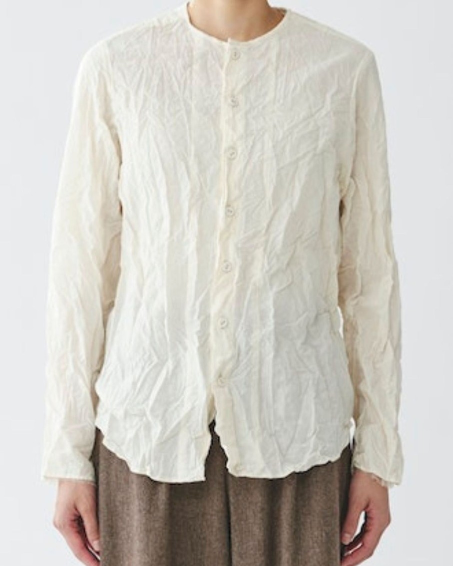 Women Pas De Calais Shirts & Tops | Pas De Calais Dobby Collarless Crinkle Blouse White Cotton