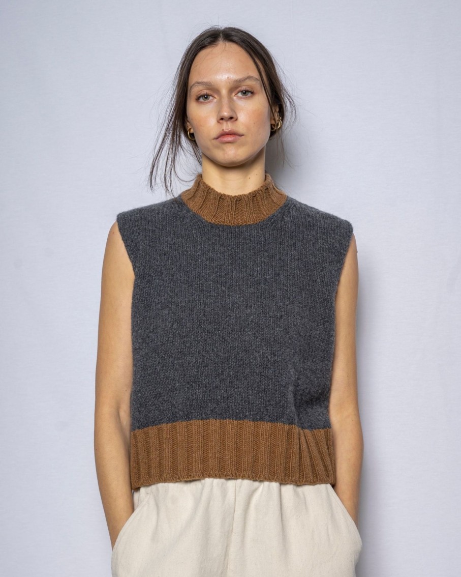 Women MJ Watson Sweaters | Mj Watson Wool Vest Charcoal +Brown