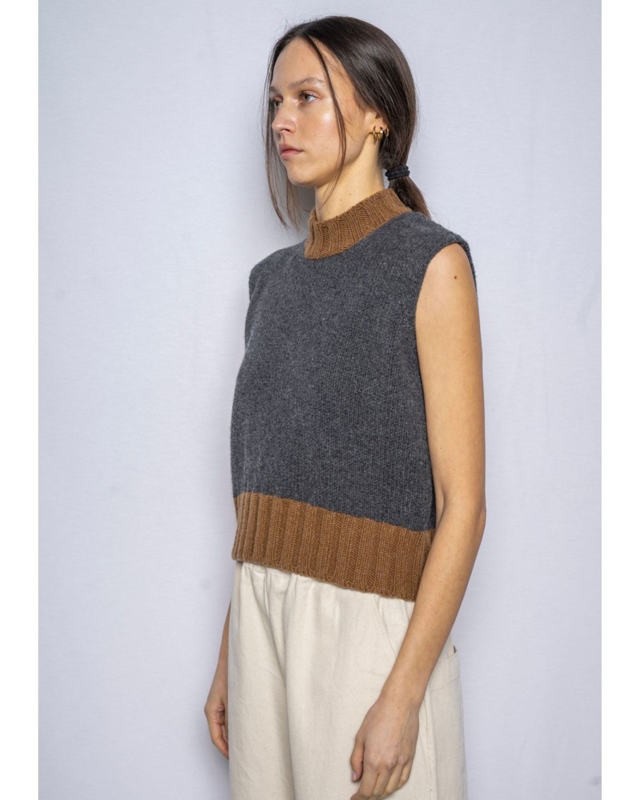 Women MJ Watson Sweaters | Mj Watson Wool Vest Charcoal +Brown