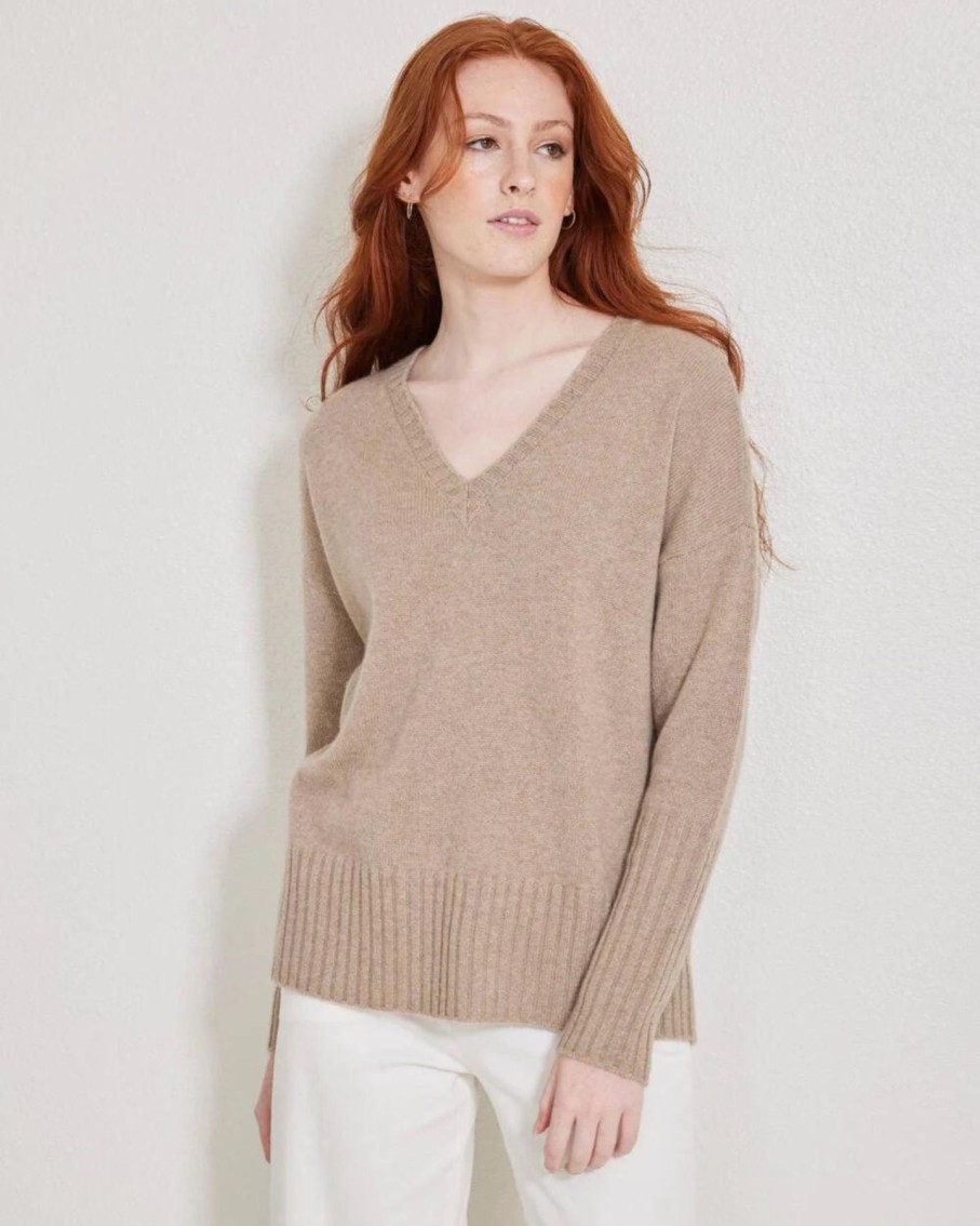 Women Not Monday Sweaters | Monday Ella Cashmere V Neck Sweater Latte