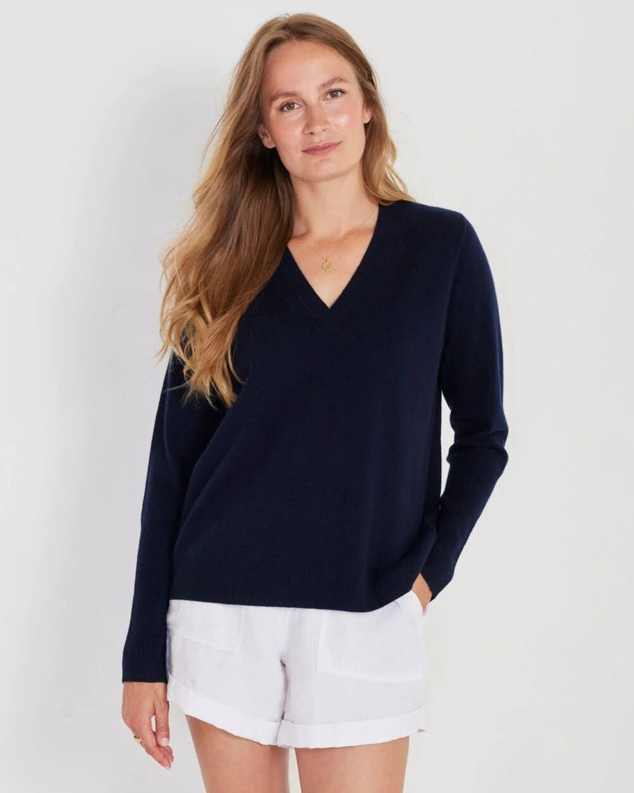 Women Not Monday Sweaters | Not Monday Ava Cashmere V-Neck Harbor Navy