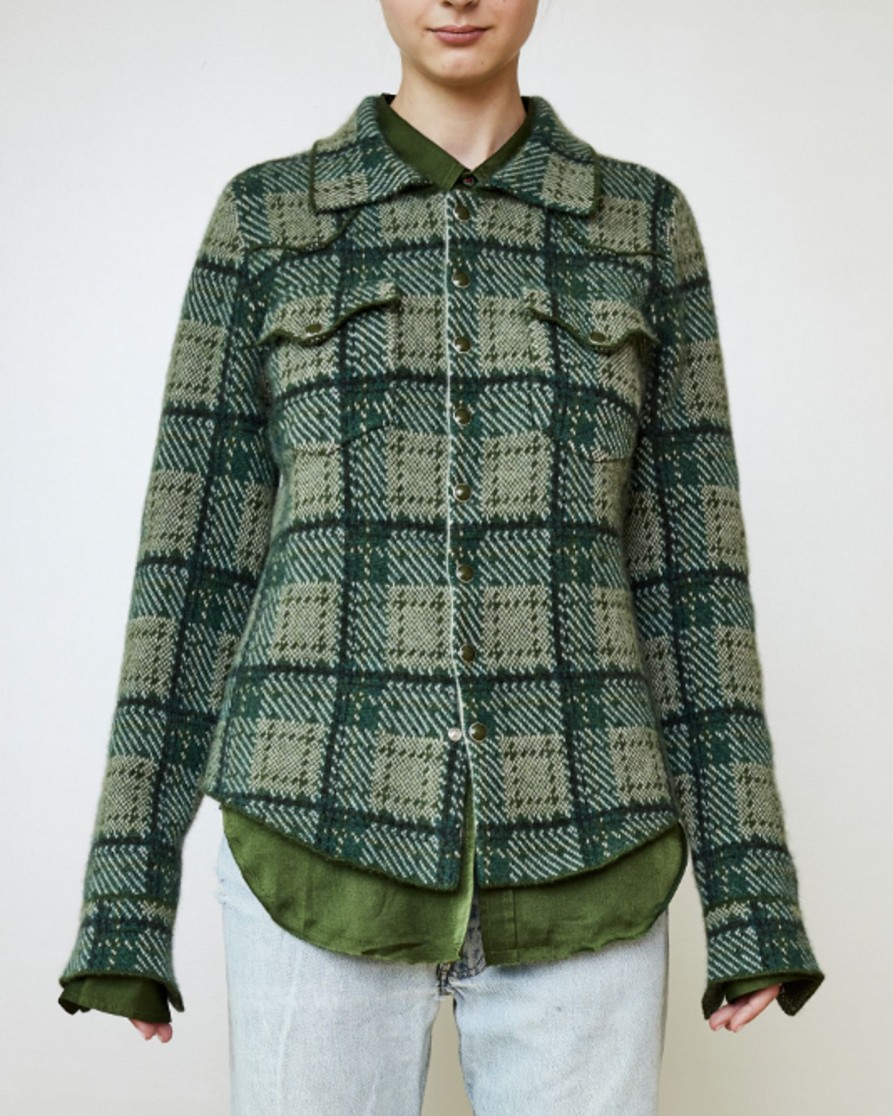 Women Brazeau Tricot Sweaters | Brazeau Tricot Plaid Cowgirl Shacket In Utility