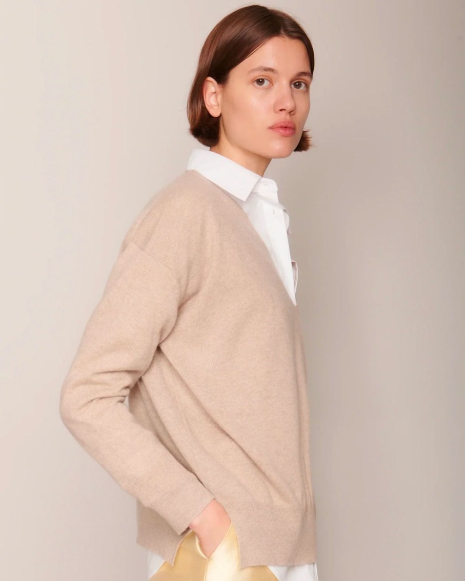 Women Organic by John Patrick Sweaters | Organic By John Patrick Ada V Neck 100% Undyed Cashmere Birch