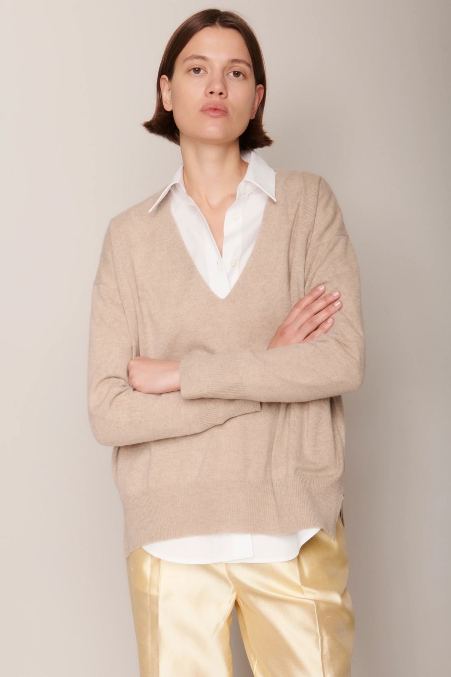 Women Organic by John Patrick Sweaters | Organic By John Patrick Ada V Neck 100% Undyed Cashmere Birch