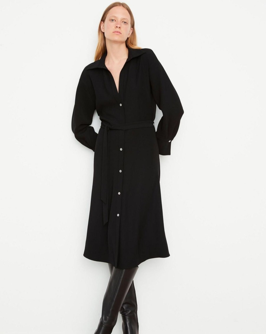 Women Vince Dresses | Vince Belted Long Sleeve Shirt Dress Black