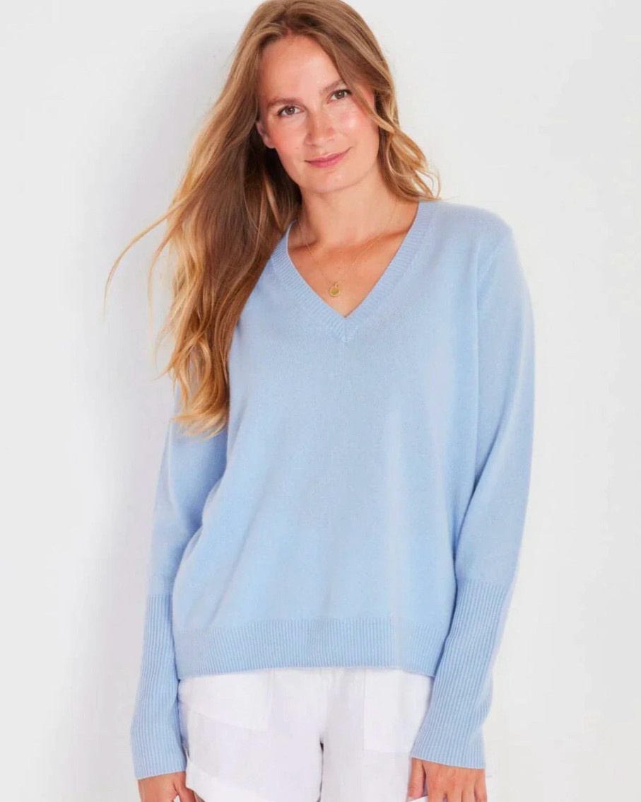 Women Not Monday Sweaters | Not Monday Ava Cashmere V-Neck Harbor Blue