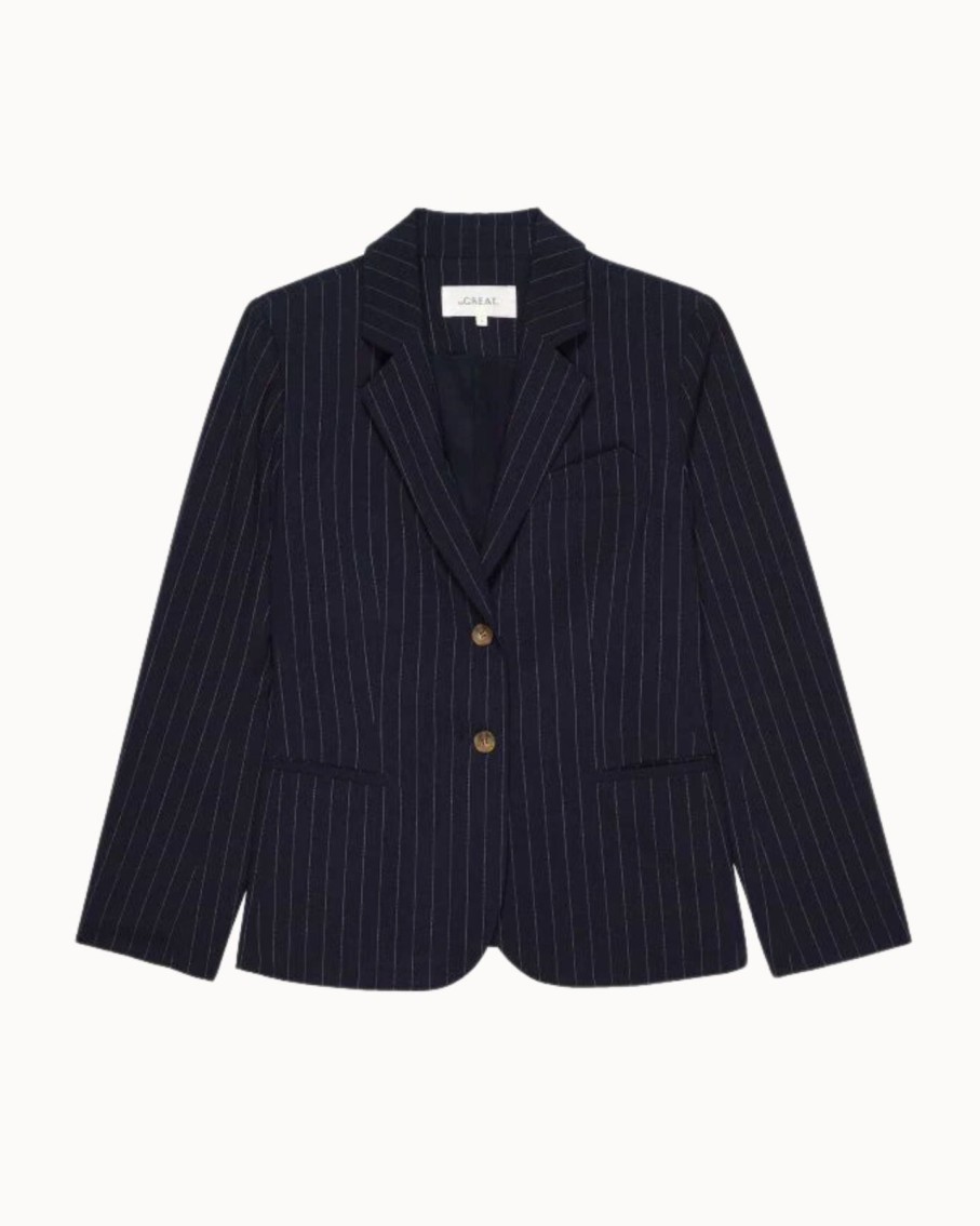 Women The Great Blazers | The Great The Shrunken Blazer Navy Pin Stripe