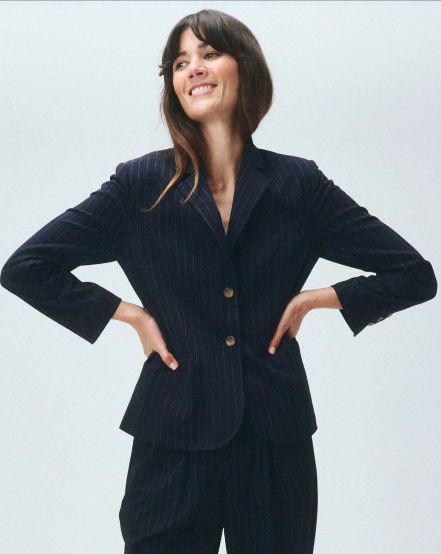 Women The Great Blazers | The Great The Shrunken Blazer Navy Pin Stripe