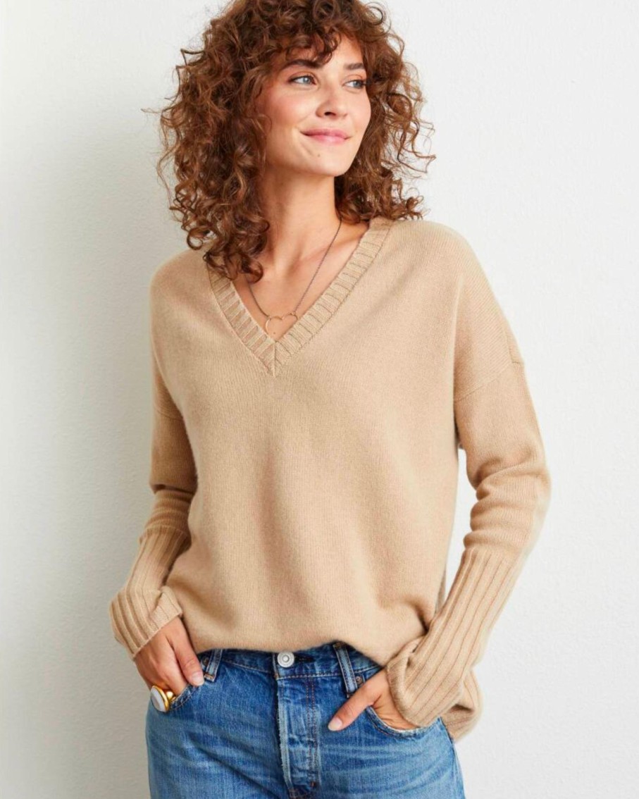 Women Not Monday Sweaters | Not Monday Siena V-Neck Sweater Camel