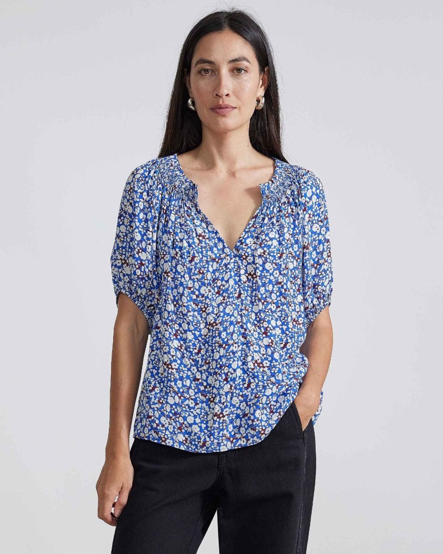 Women Apiece Apart Shirts & Tops | Apiece Apart Esparta Short Sleeve Piet Floral Blue