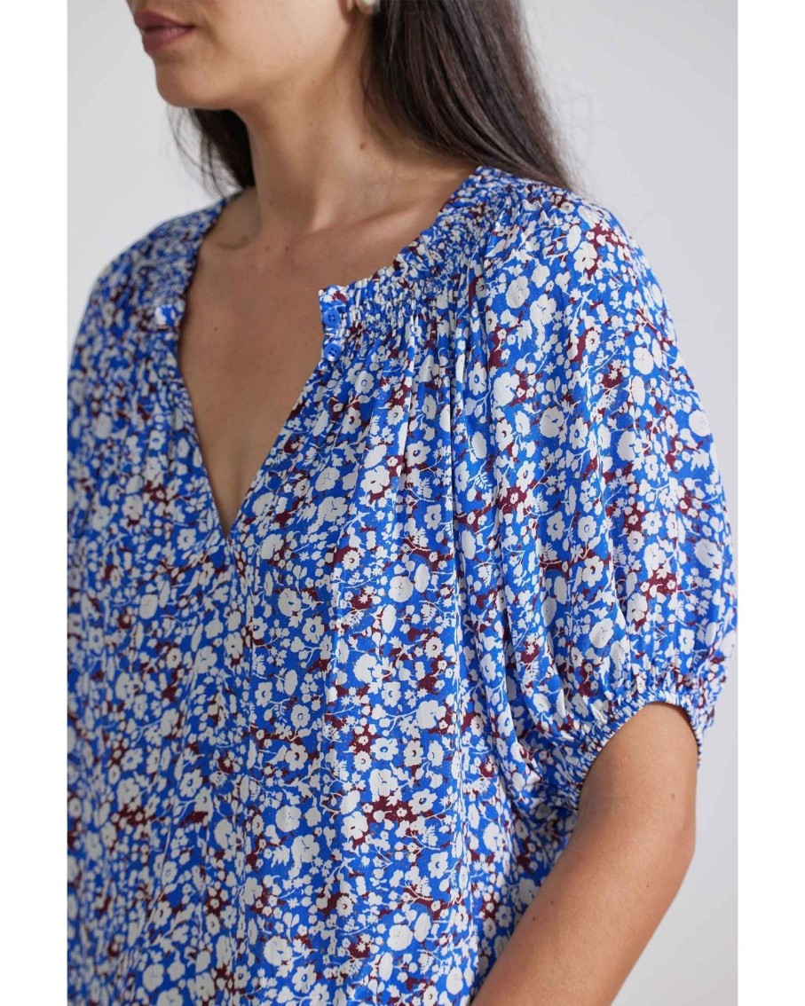 Women Apiece Apart Shirts & Tops | Apiece Apart Esparta Short Sleeve Piet Floral Blue