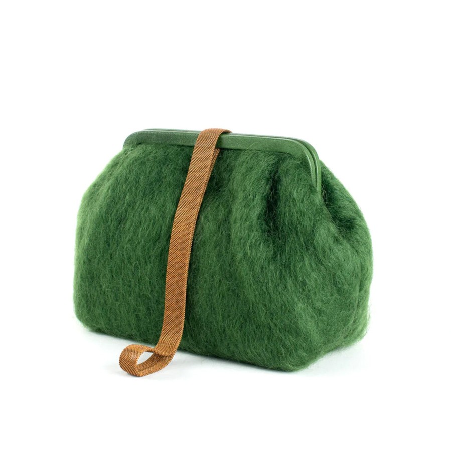 Women Marian Paquette Bags | Marian Paquette Susan Mohair Clutch With Vintage Chain Green