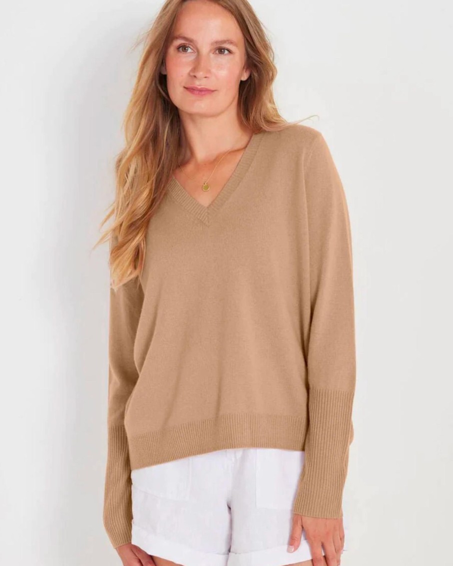 Women Not Monday Sweaters | Not Monday Ava Cashmere V-Neck Harbor Camel