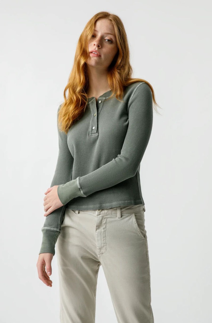 Women AMO Shirts & Tops | Amo Thermal Henley Tee Tea Leaf