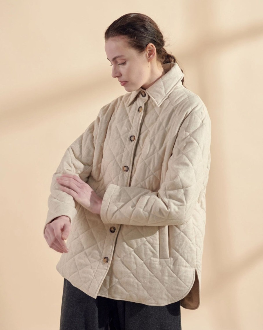 Women Amente Outerwear | Amente Quilted Button Down Shirt Jacket Oatmeal