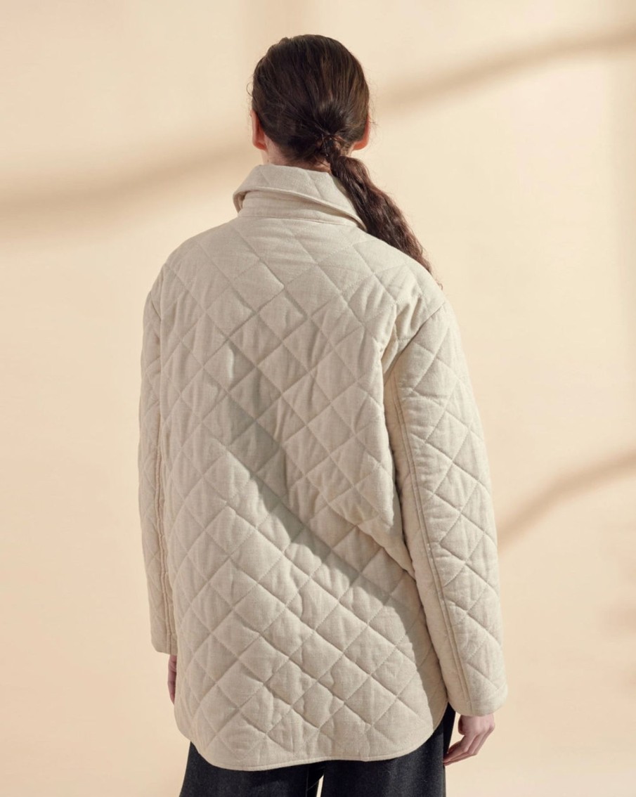 Women Amente Outerwear | Amente Quilted Button Down Shirt Jacket Oatmeal